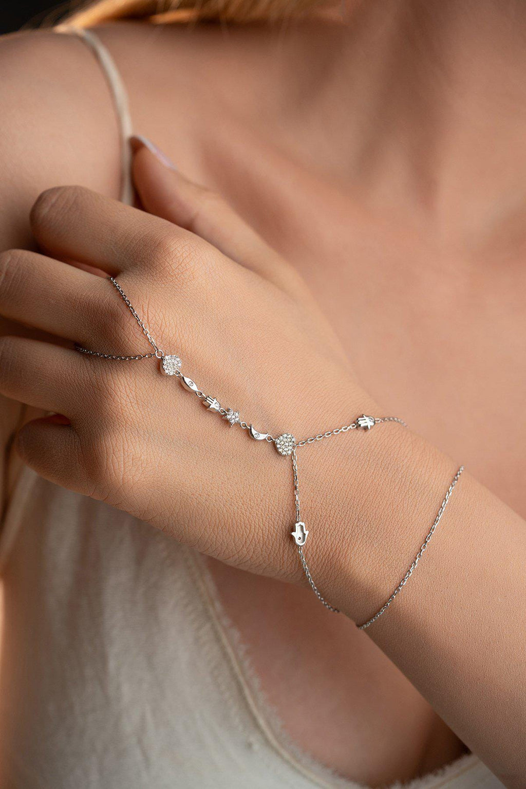 Lucky Clover Shahmaran Bracelet, 925 Sterling Silver, Rhodium Plated Hand Chain