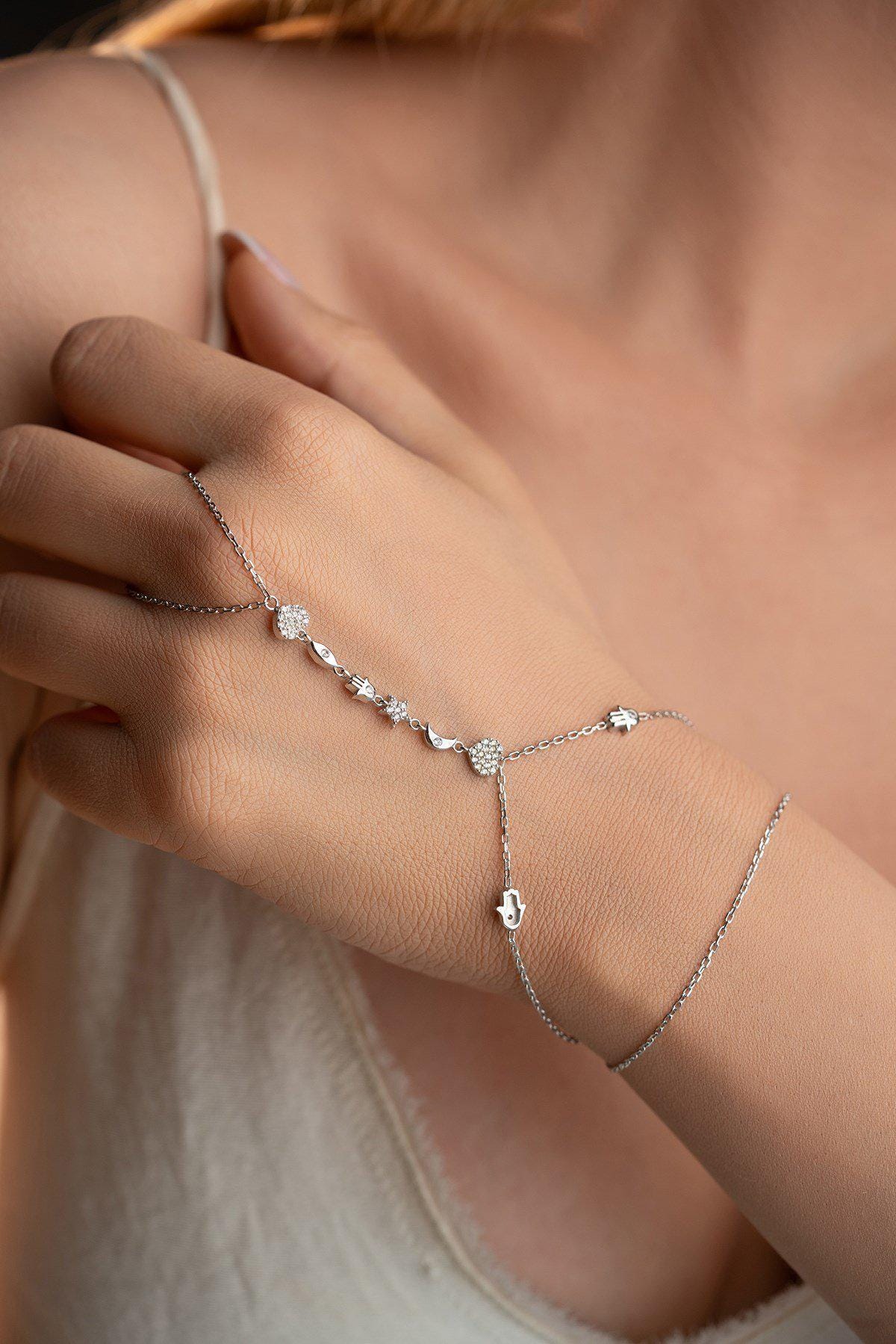 Lucky Clover Shahmaran Bracelet, 925 Sterling Silver, Rhodium Plated Hand Chain