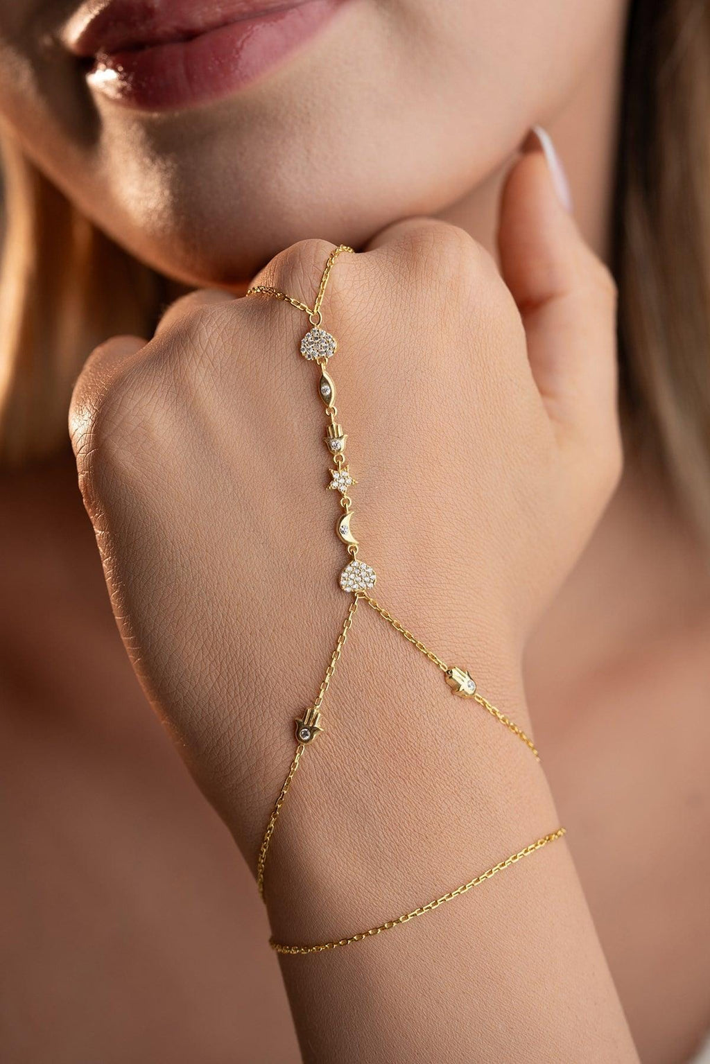 Lucky Clover Shahmaran Bracelet, 925 Sterling Silver, Gold Plated Hand Chain