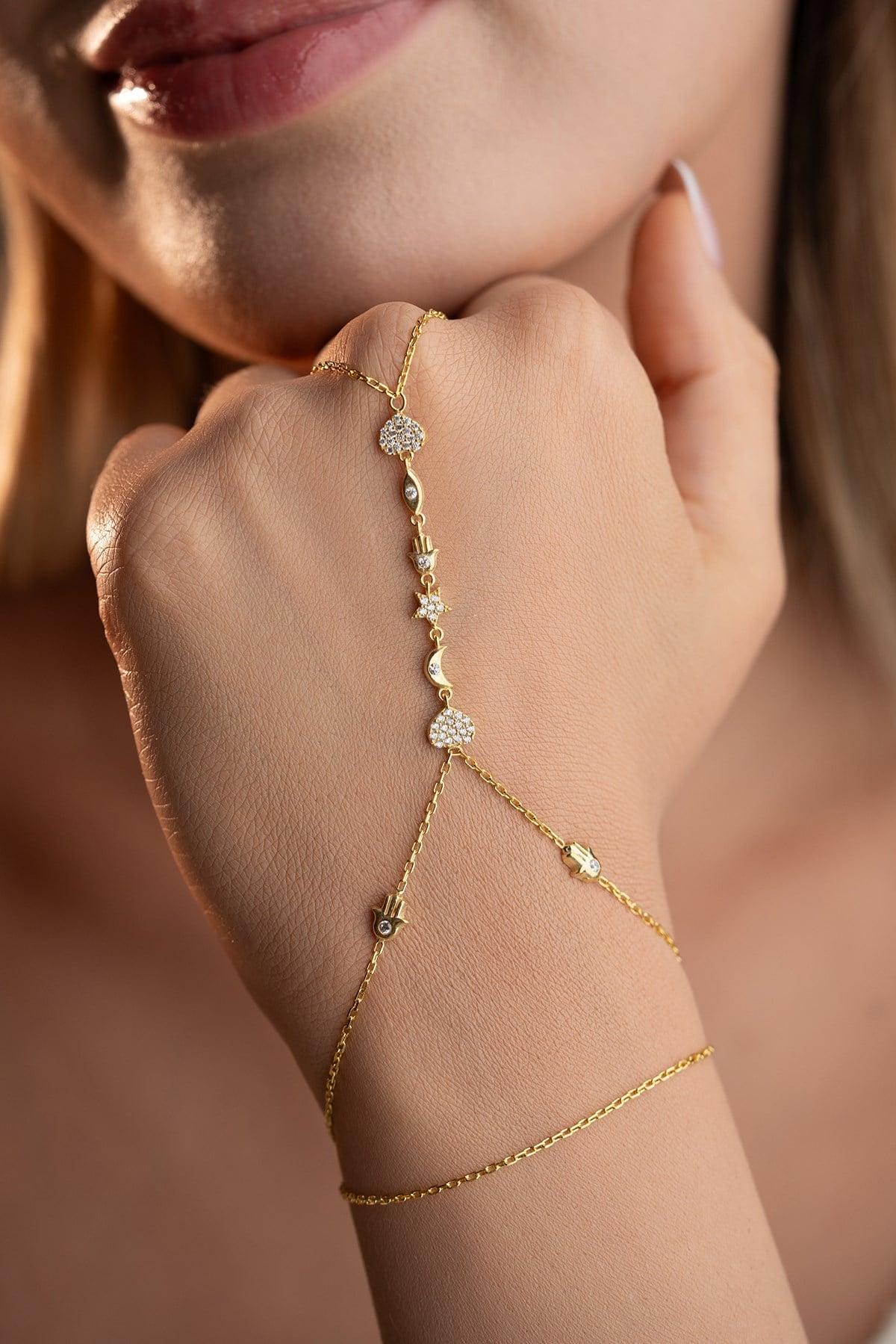 Lucky Clover Shahmaran Bracelet, 925 Sterling Silver, Gold Plated Hand Chain