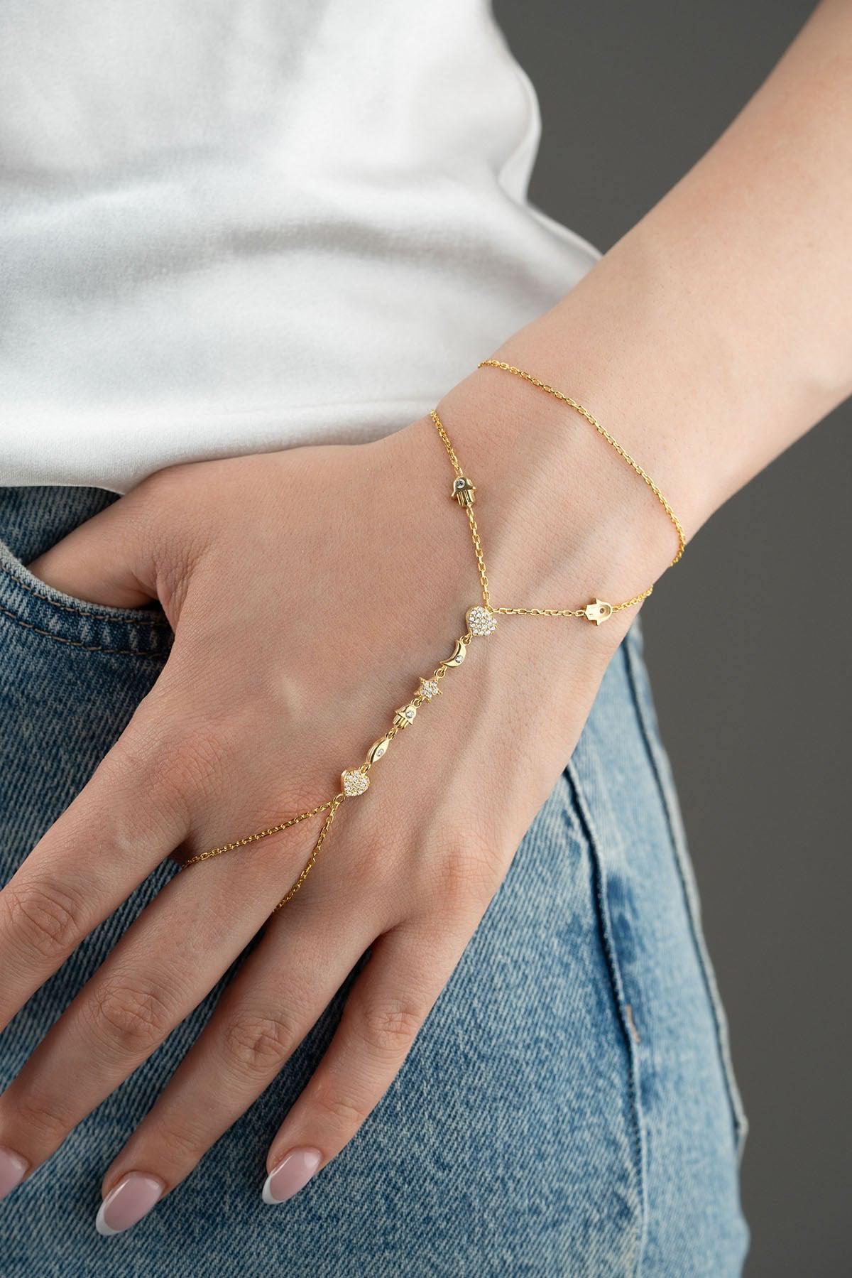 Lucky Clover Shahmaran Bracelet, 925 Sterling Silver, Gold Plated Hand Chain