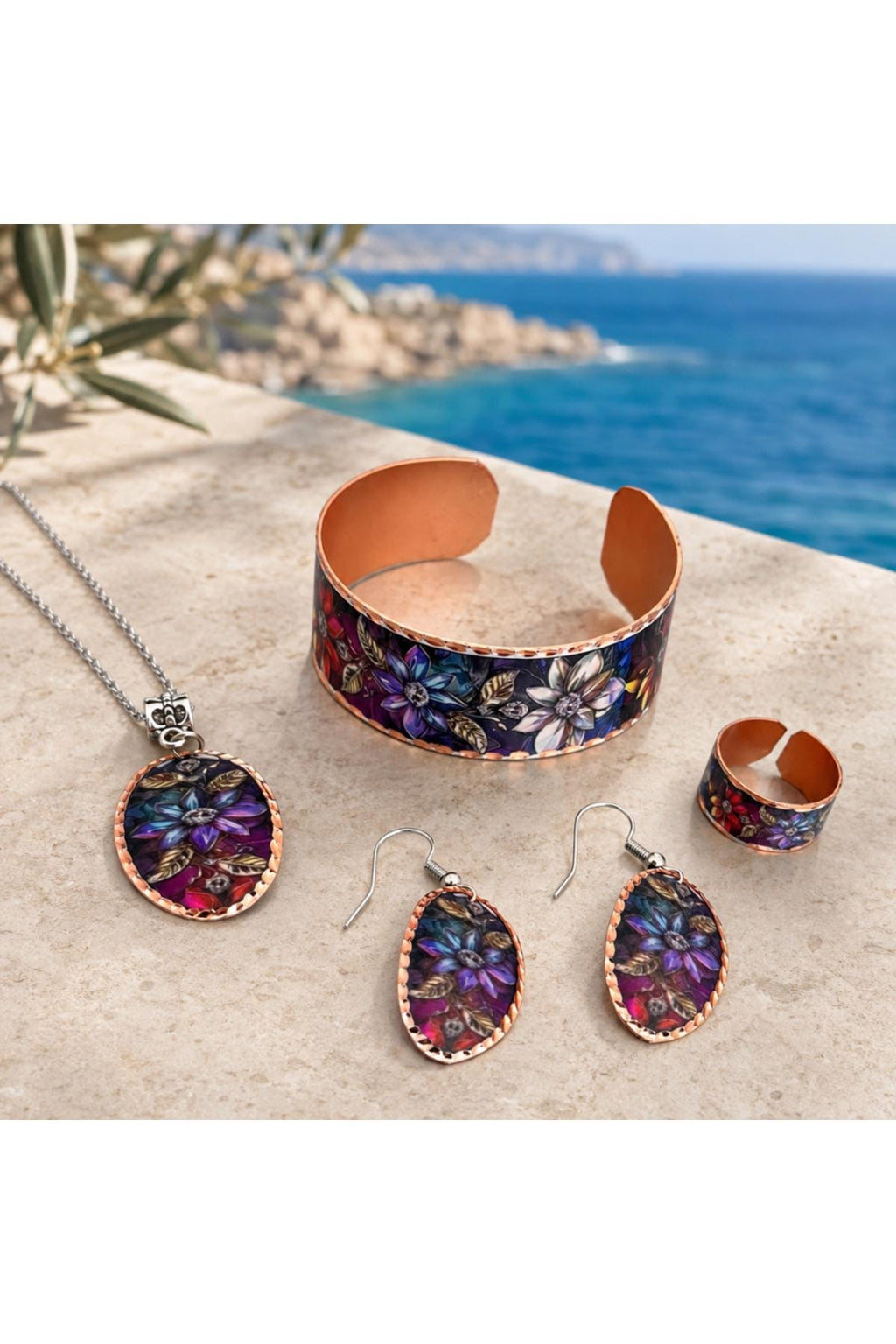 Copper Jewelry Set, Floral Necklace Bracelet Earrings Ring, Boho Vintage Gift for Women