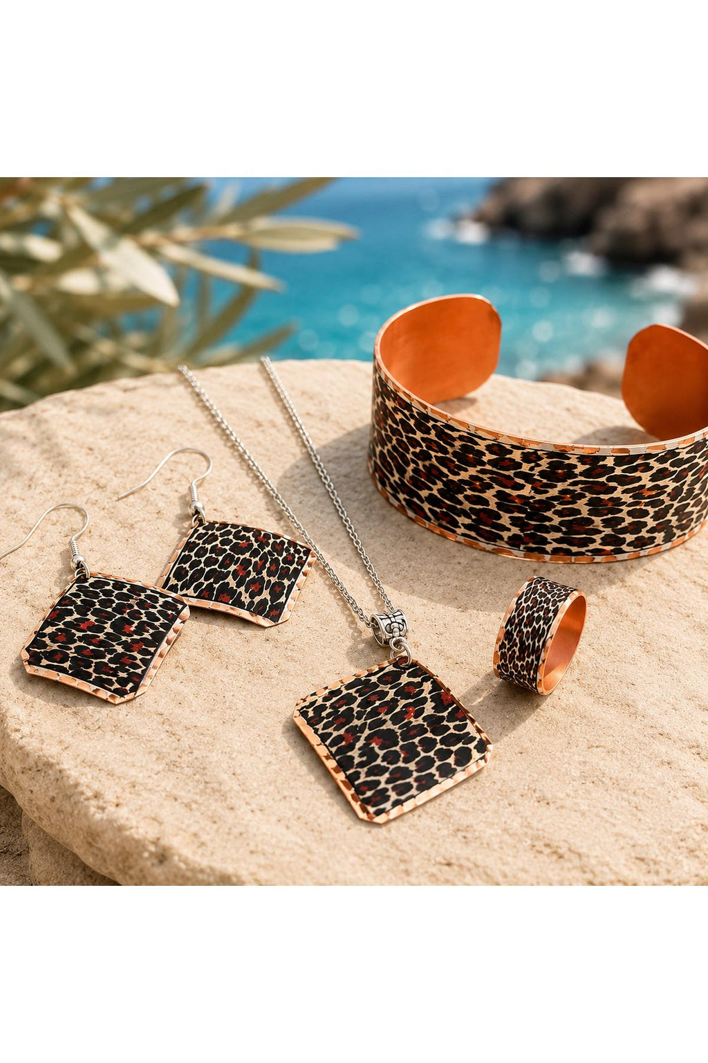 Copper Leopard Jewelry Set, Necklace Bracelet Earrings Ring, Boho Vintage Gift for Women