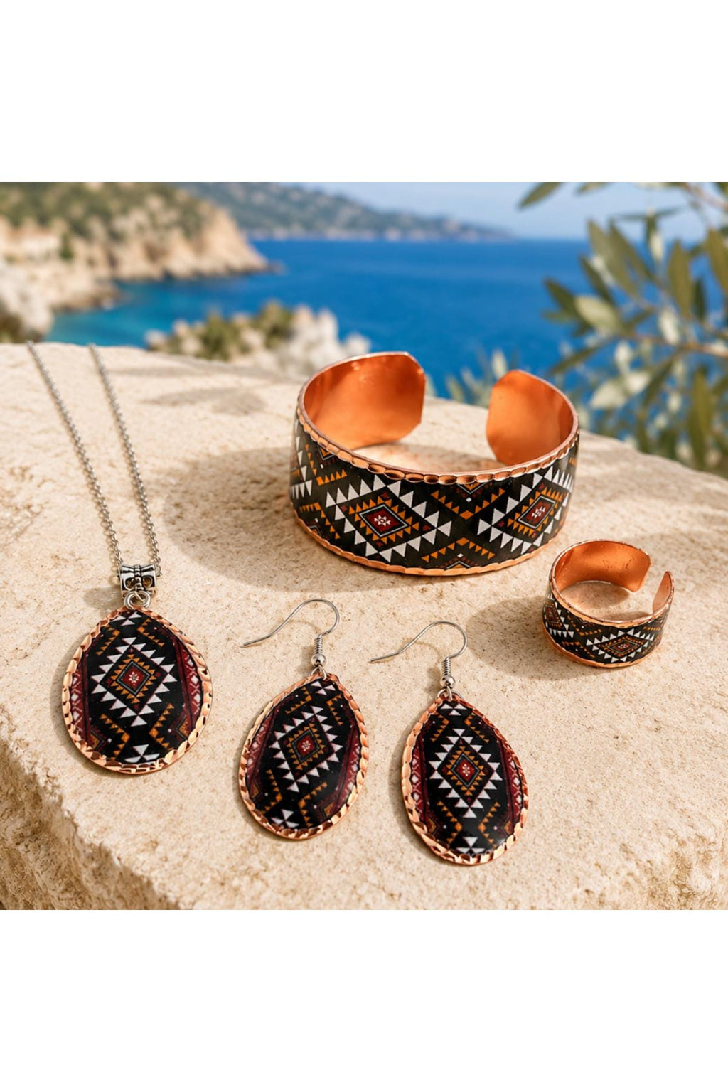 Copper Ethnic Jewelry Set, Boho Necklace Bracelet Earrings Ring, Vintage Gift for Women