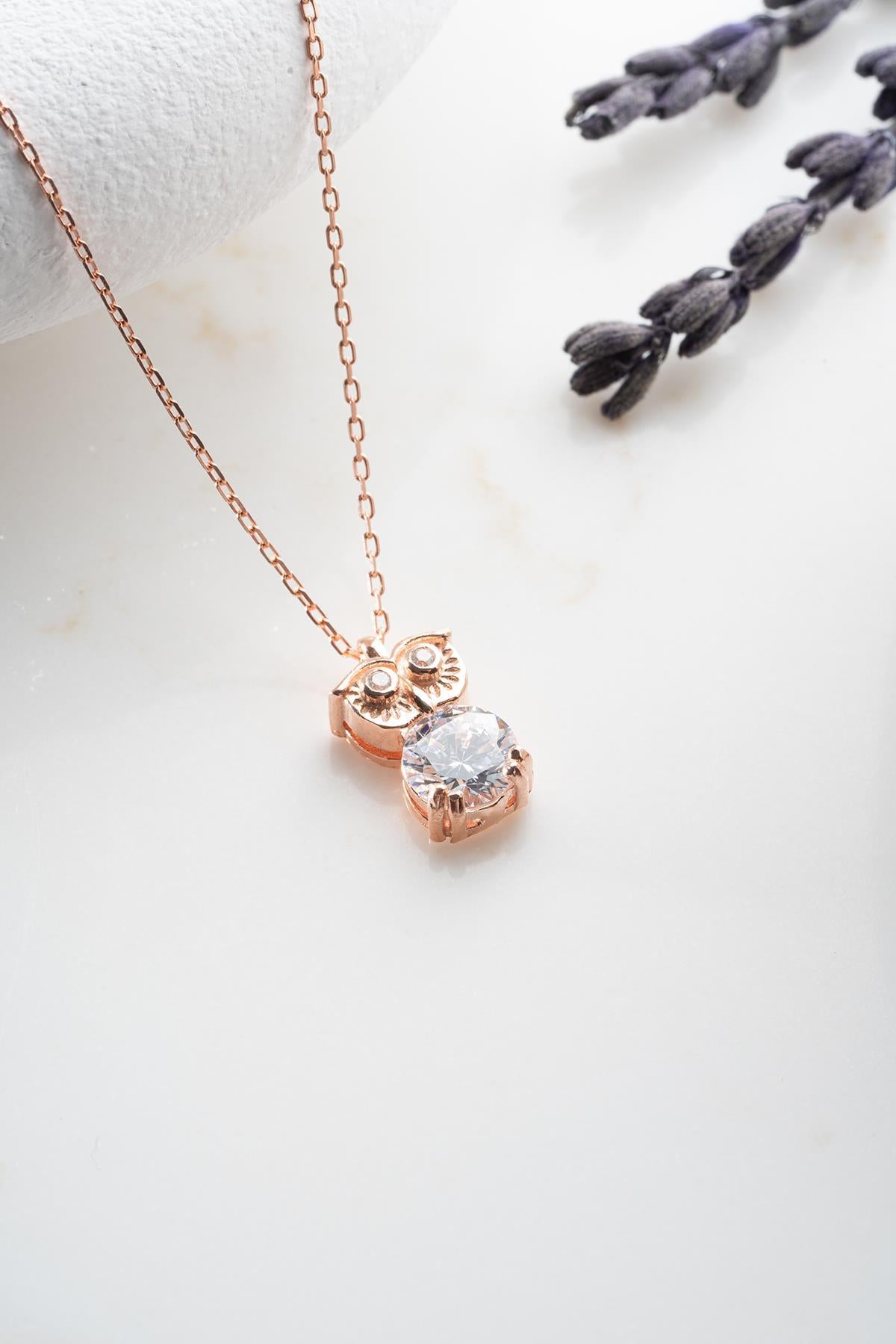 Owl Necklace, 925 Sterling Silver Rose Gold Plated Zircon Pendant Necklace