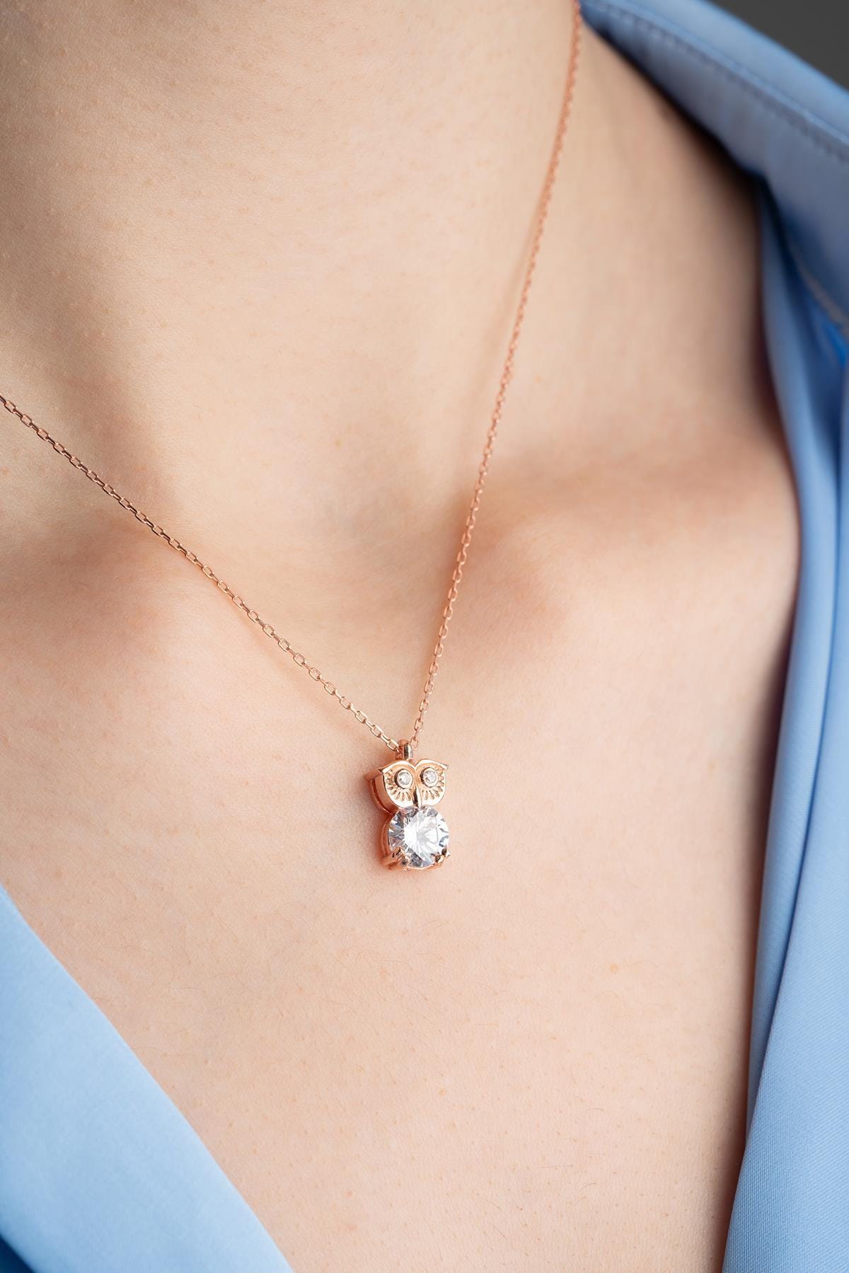 Owl Necklace, 925 Sterling Silver Rose Gold Plated Zircon Pendant Necklace