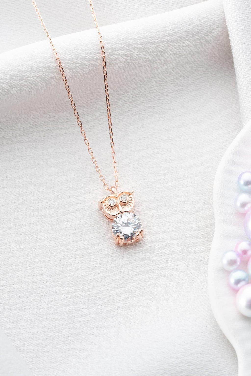 Owl Necklace, 925 Sterling Silver Rose Gold Plated Zircon Pendant Necklace