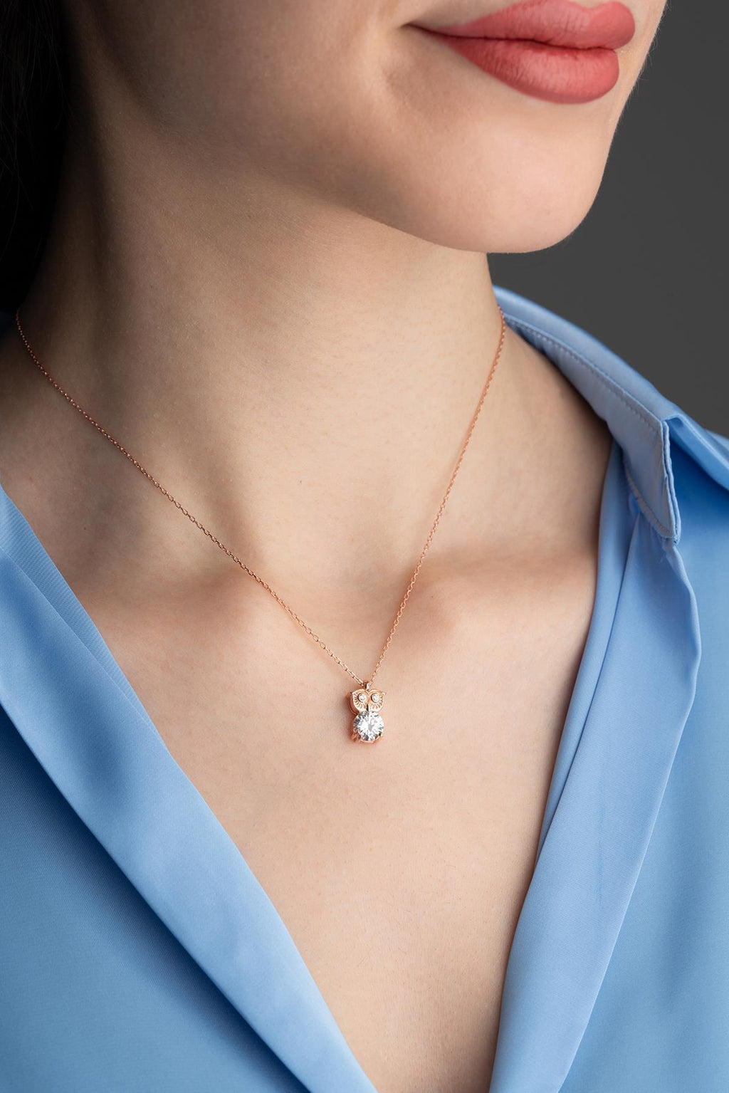 Owl Necklace, 925 Sterling Silver Rose Gold Plated Zircon Pendant Necklace
