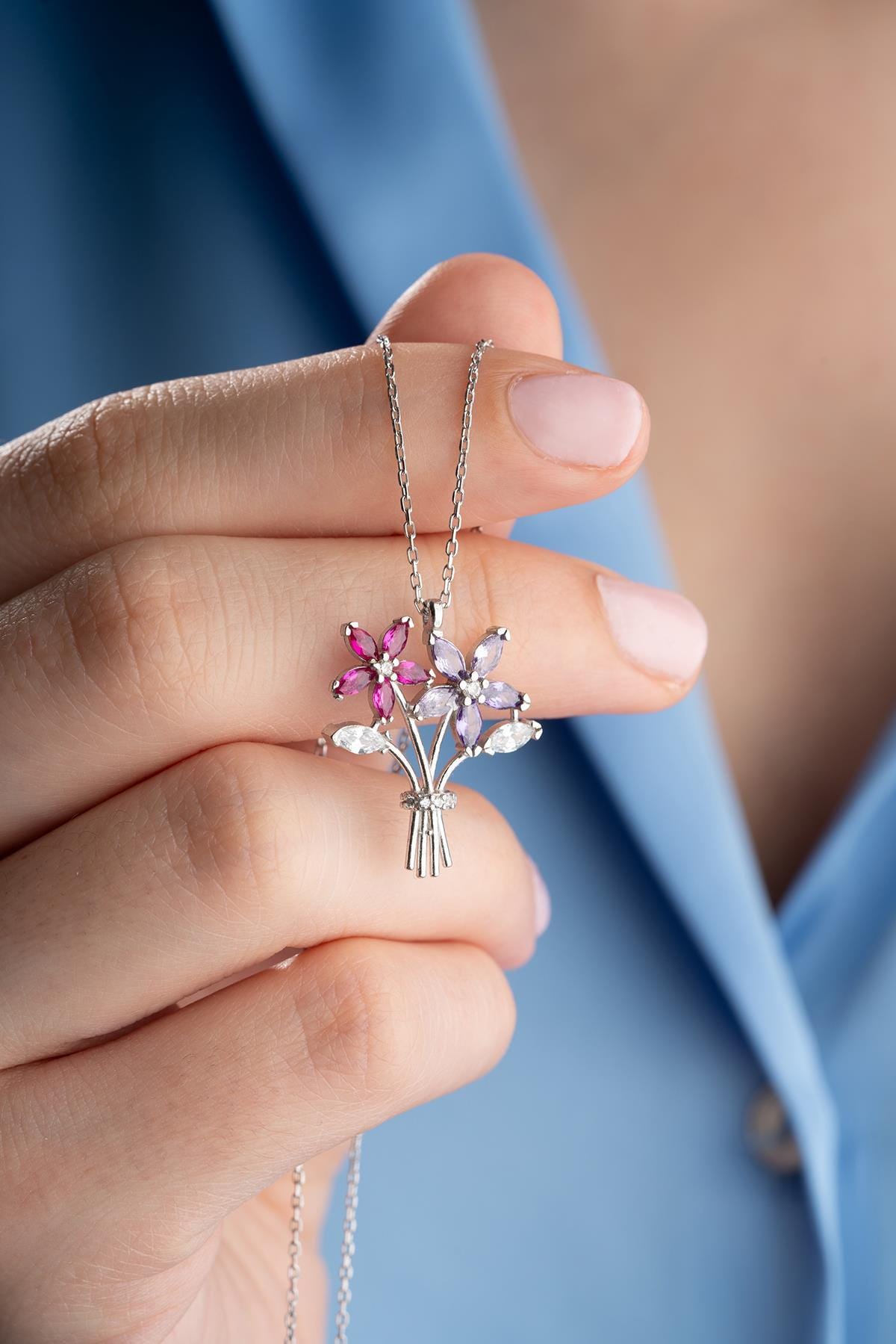 Camellia Flower Necklace, 925 Sterling Silver Rhodium Plated Zircon Pendant