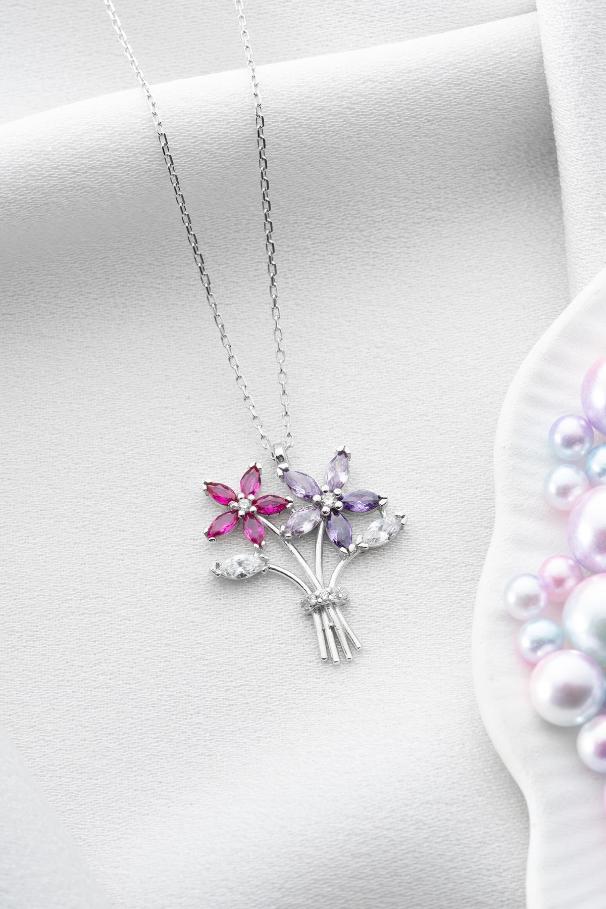 Camellia Flower Necklace, 925 Sterling Silver Rhodium Plated Zircon Pendant